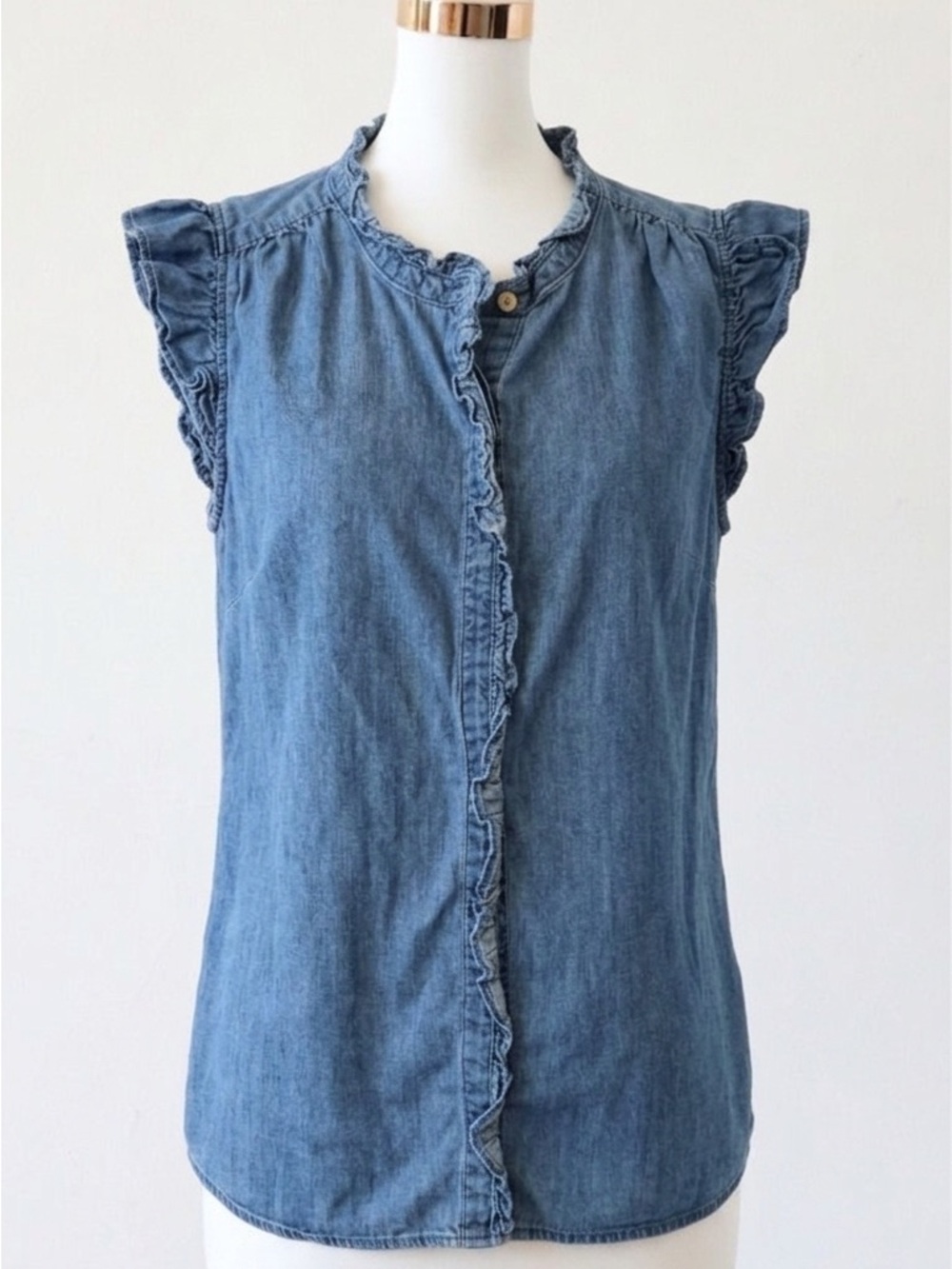 LOFT Ruffle-Trim Denim Sleeveless Top - Light Blue